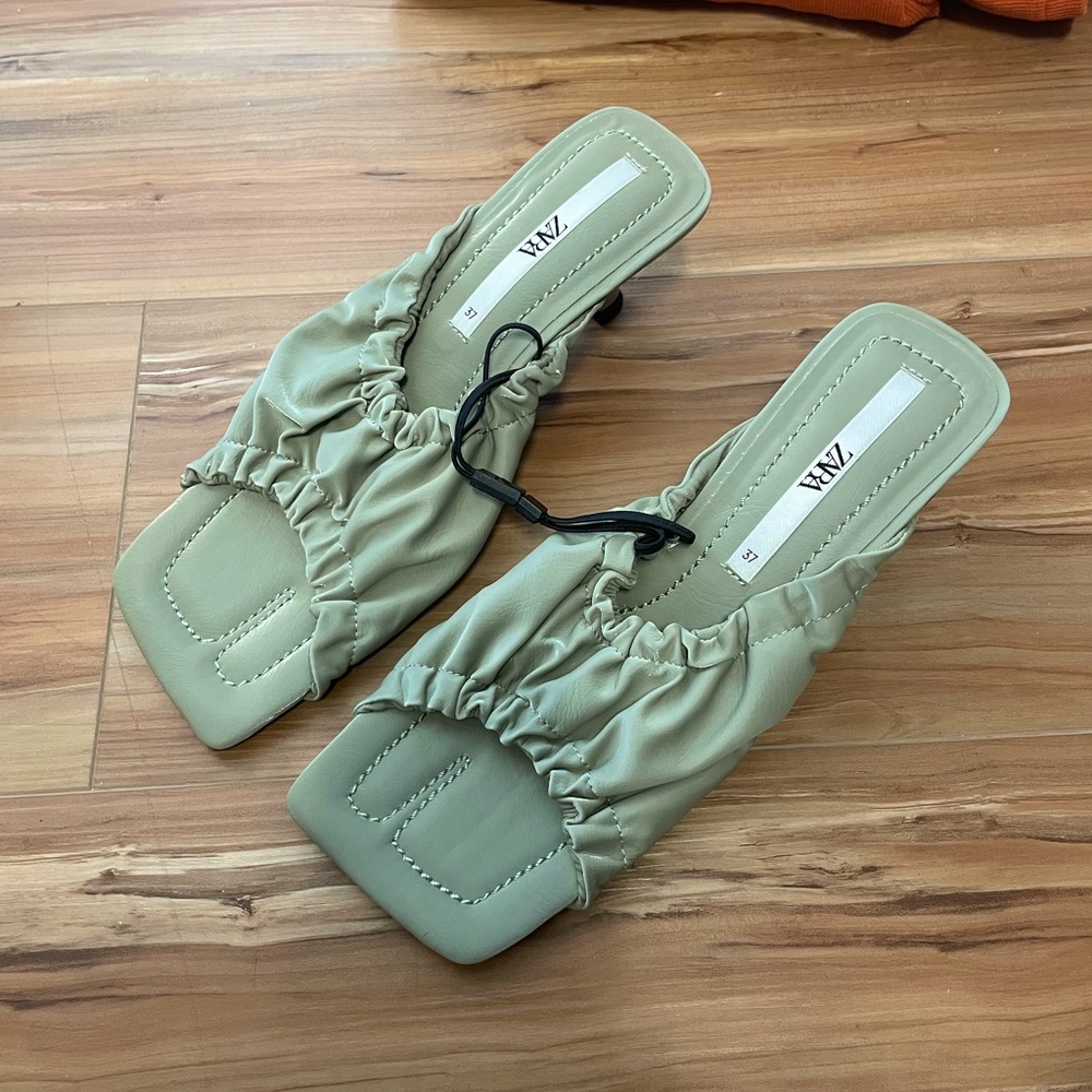 Zara sage green heeled mules